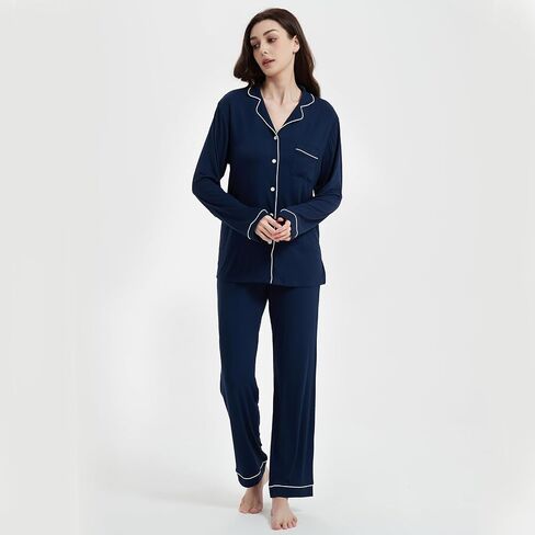Women's Pajamas 95% viscose made from bamboo 5% spandex Long Sleeve Button-Down Soft Knit Sleepwear Set in Saudi Arabia