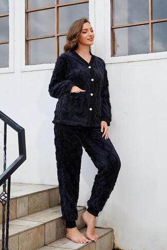 HEARTNICE Women Fuzzy Pajama Set Warm Fluffy Long Sleeve Sleepwear Plush Loungewear Thermal Nightwear with Pockets in Saudi Arabia