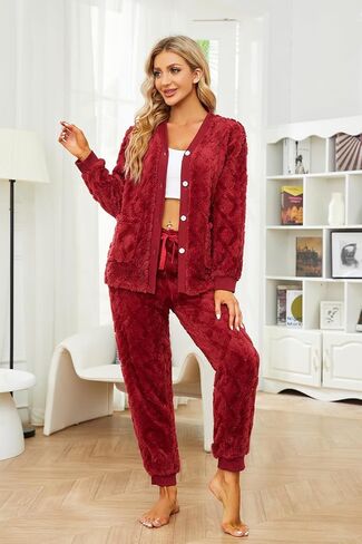 HEARTNICE Women Fuzzy Pajama Set Warm Fluffy Long Sleeve Sleepwear Plush Loungewear Thermal Nightwear with Pockets in Saudi Arabia