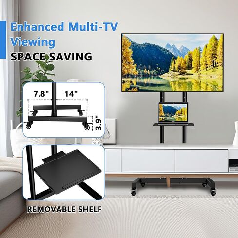 Rolling TV Stand, TV Stand with Wheels for 32-70 inch TV, Hight Adjustable,15° Adjustable Viewing Angle, Portable TV Stand with Shelf, Max 88 LBS, Vesa max 600×400 in Saudi Arabia