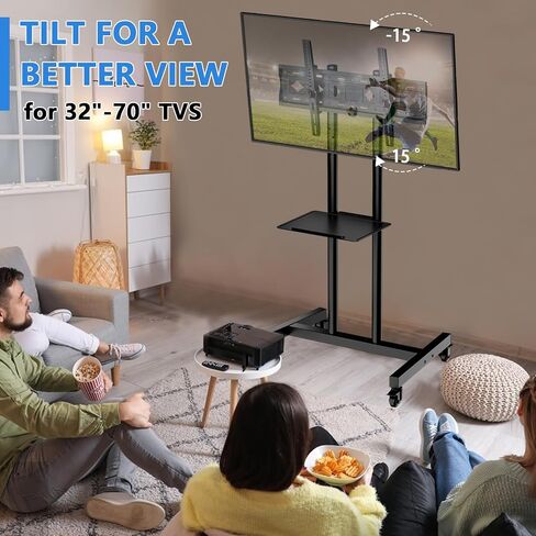Rolling TV Stand, TV Stand with Wheels for 32-70 inch TV, Hight Adjustable,15° Adjustable Viewing Angle, Portable TV Stand with Shelf, Max 88 LBS, Vesa max 600×400 in Saudi Arabia