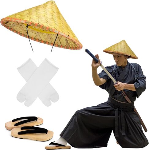 3 قطع من إكسسوارات زي الساموراي الياباني، قباقيب خشبية يابانية مع جوارب تابي وقبعة ساموراي للرجال والنساء in Kuwait