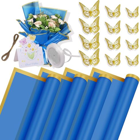 مجموعة ورق تغليف باقة زهور من FreshDear مكونة من 20 ورقة مع شريط من الساتان بطول 24 ياردة، وخيوط الجوت بطول 5 ياردات، و12 قطعة من الفراشات الذهبية ثلاثية الأبعاد، و5 بطاقات تهنئة - مثالية لتزيين حفلات الزفاف والهدايا (أزرق ملكي) in Saudi Arabia