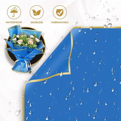 مجموعة ورق تغليف باقة زهور من FreshDear مكونة من 20 ورقة مع شريط من الساتان بطول 24 ياردة، وخيوط الجوت بطول 5 ياردات، و12 قطعة من الفراشات الذهبية ثلاثية الأبعاد، و5 بطاقات تهنئة - مثالية لتزيين حفلات الزفاف والهدايا (أزرق ملكي) in Saudi Arabia