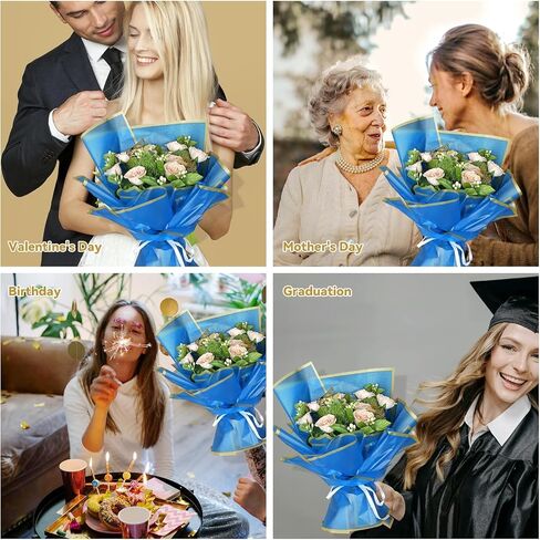 مجموعة ورق تغليف باقة زهور من FreshDear مكونة من 20 ورقة مع شريط من الساتان بطول 24 ياردة، وخيوط الجوت بطول 5 ياردات، و12 قطعة من الفراشات الذهبية ثلاثية الأبعاد، و5 بطاقات تهنئة - مثالية لتزيين حفلات الزفاف والهدايا (أزرق ملكي) in Saudi Arabia