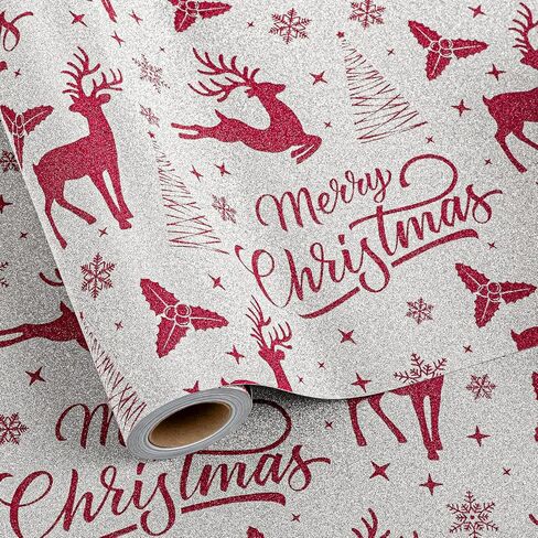 Garbendy Christmas Wrapping Paper Mini Roll - Red Patterns Reindeer/Snowflake/Christmas Tree/Letters Design in Silver Glitter Wrapping Paper Perfect For Christmas Day - 17in x 32.8ft in Kuwait