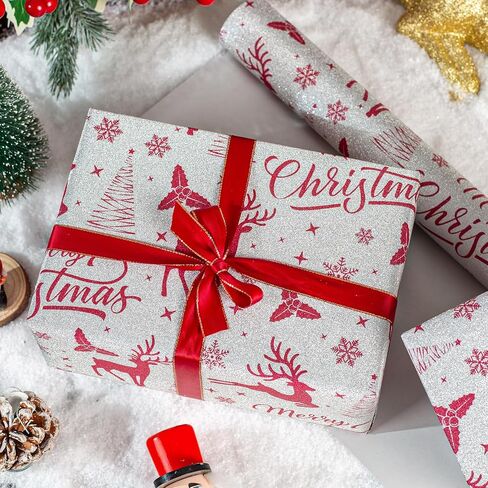 Garbendy Christmas Wrapping Paper Mini Roll - Red Patterns Reindeer/Snowflake/Christmas Tree/Letters Design in Silver Glitter Wrapping Paper Perfect For Christmas Day - 17in x 32.8ft in Kuwait