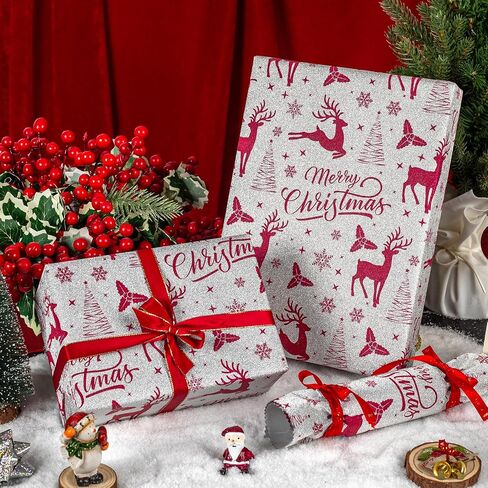 Garbendy Christmas Wrapping Paper Mini Roll - Red Patterns Reindeer/Snowflake/Christmas Tree/Letters Design in Silver Glitter Wrapping Paper Perfect For Christmas Day - 17in x 32.8ft in Kuwait