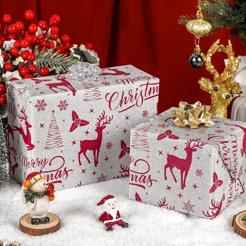 Garbendy Christmas Wrapping Paper Mini Roll - Red Patterns Reindeer/Snowflake/Christmas Tree/Letters Design in Silver Glitter Wrapping Paper Perfect For Christmas Day - 17in x 32.8ft in Kuwait