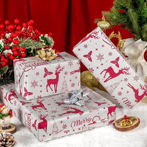 Garbendy Christmas Wrapping Paper Mini Roll - Red Patterns Reindeer/Snowflake/Christmas Tree/Letters Design in Silver Glitter Wrapping Paper Perfect For Christmas Day - 17in x 32.8ft in Kuwait