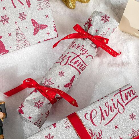 Garbendy Christmas Wrapping Paper Mini Roll - Red Patterns Reindeer/Snowflake/Christmas Tree/Letters Design in Silver Glitter Wrapping Paper Perfect For Christmas Day - 17in x 32.8ft in Kuwait