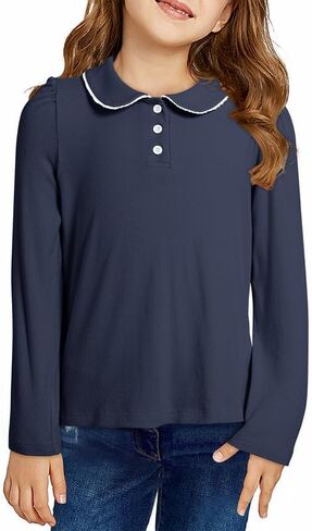 Girls Cute Long Sleeve Shirts Casual Peter Pan Collar Button Tops Blouse 6-15 Years in Saudi Arabia
