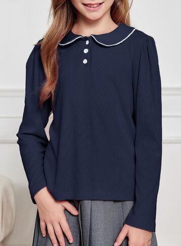 Girls Cute Long Sleeve Shirts Casual Peter Pan Collar Button Tops Blouse 6-15 Years in Saudi Arabia