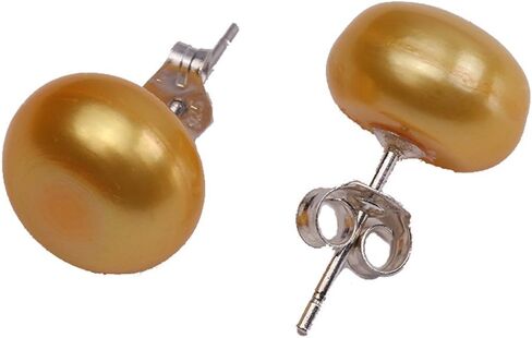 أقراط نسائية من الفضة الإسترليني اللؤلؤة مقاس 8-9 ملم أقراط من لؤلؤ المياه العذبة الصفراء المزروعة على شكل كرة in Kuwait