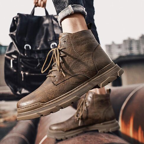 Men's Leather Lace Up Motorcycle Combat Boots Retro Round Toe lug sole Chukka Ankle Boots Casual Waterproof Oxford Dress Work Boot in Saudi Arabia