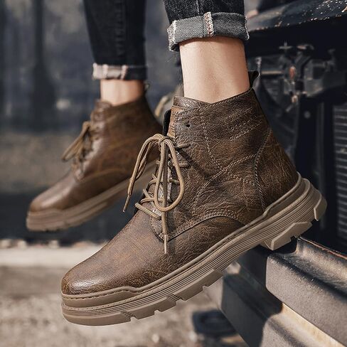 Men's Leather Lace Up Motorcycle Combat Boots Retro Round Toe lug sole Chukka Ankle Boots Casual Waterproof Oxford Dress Work Boot in Saudi Arabia