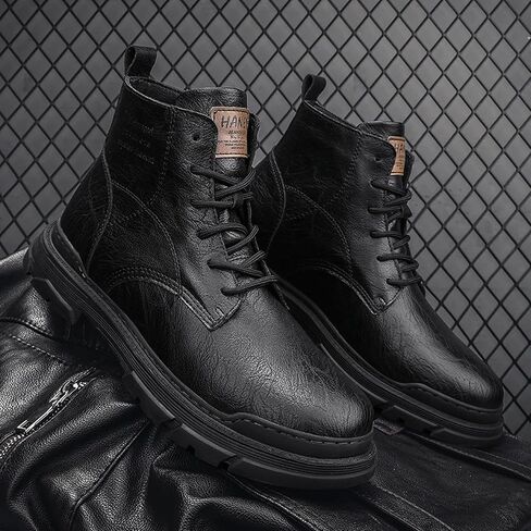 Men's Leather Lace Up Motorcycle Combat Boots Retro Round Toe lug sole Chukka Ankle Boots Casual Waterproof Oxford Dress Work Boot in Saudi Arabia