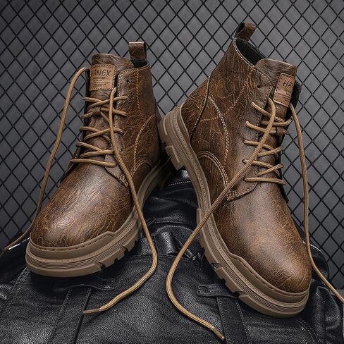 Men's Leather Lace Up Motorcycle Combat Boots Retro Round Toe lug sole Chukka Ankle Boots Casual Waterproof Oxford Dress Work Boot in Saudi Arabia