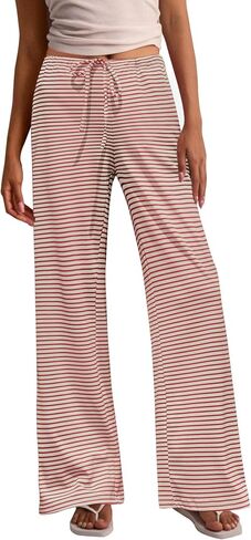 Zwurew Women's Striped Pants Wide Leg Drawstring Elastic Waist Comfy Knit Pajama Lounge Pants Sleepwear with Pockets in Saudi Arabia