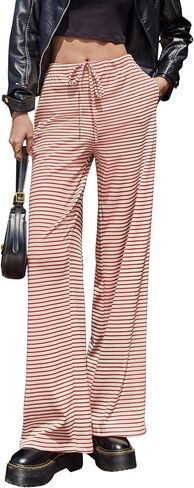 Zwurew Women's Striped Pants Wide Leg Drawstring Elastic Waist Comfy Knit Pajama Lounge Pants Sleepwear with Pockets in Saudi Arabia