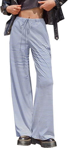 Zwurew Women's Striped Pants Wide Leg Drawstring Elastic Waist Comfy Knit Pajama Lounge Pants Sleepwear with Pockets in Saudi Arabia