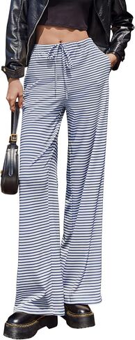 Zwurew Women's Striped Pants Wide Leg Drawstring Elastic Waist Comfy Knit Pajama Lounge Pants Sleepwear with Pockets in Saudi Arabia