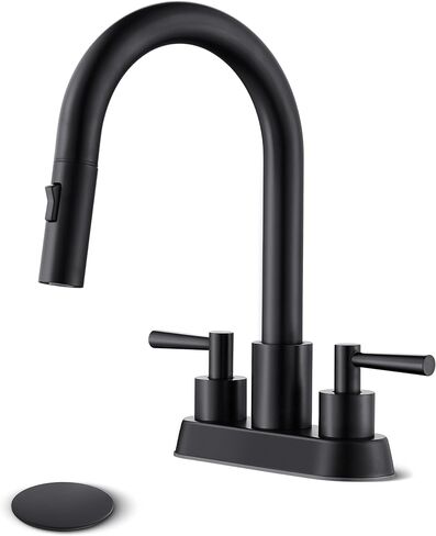 Bathroom Sink Faucet with Pull Down Sprayer 2 Handles, Brushed Nickel Bathroom Faucet 3 Holes, 4 Inch Sink Faucet Bathroom with 360 Degree Swivel Spout, Pop Up Drain Assembly Included in Saudi Arabia
