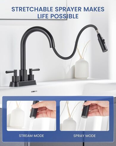 Bathroom Sink Faucet with Pull Down Sprayer 2 Handles, Brushed Nickel Bathroom Faucet 3 Holes, 4 Inch Sink Faucet Bathroom with 360 Degree Swivel Spout, Pop Up Drain Assembly Included in Saudi Arabia