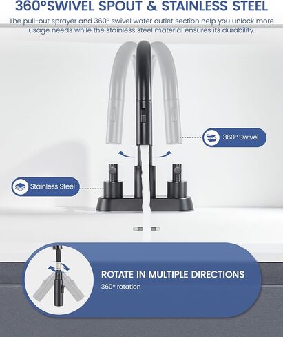 Bathroom Sink Faucet with Pull Down Sprayer 2 Handles, Brushed Nickel Bathroom Faucet 3 Holes, 4 Inch Sink Faucet Bathroom with 360 Degree Swivel Spout, Pop Up Drain Assembly Included in Saudi Arabia
