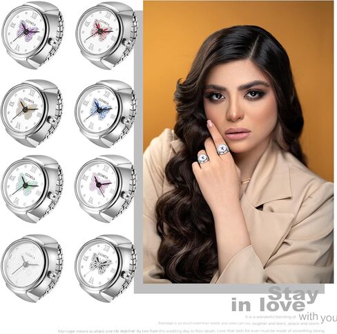 Lancardo Ring Watch for Women Elastic Band Butterfly Arabic Numerals Dial Quartz Movement Bling Silver Tone Finger Watch in Kuwait