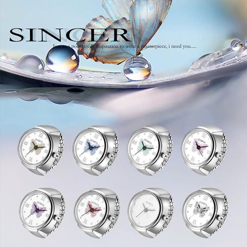 Lancardo Ring Watch for Women Elastic Band Butterfly Arabic Numerals Dial Quartz Movement Bling Silver Tone Finger Watch in Kuwait