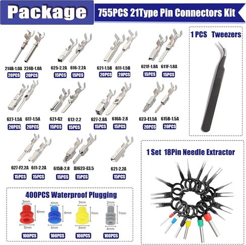 535PCS 26Type Pins Connector Kit,Car Electrical Wire Connector Pins Terminal 1/1.5/1.8/2.2/2.8/3.5mm Automotive Pin Connectors Wire Removal Non-Insulated Plug Male Female Crimp in Kuwait