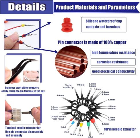535PCS 26Type Pins Connector Kit,Car Electrical Wire Connector Pins Terminal 1/1.5/1.8/2.2/2.8/3.5mm Automotive Pin Connectors Wire Removal Non-Insulated Plug Male Female Crimp in Kuwait