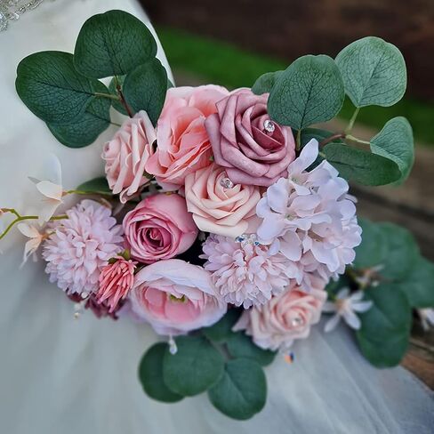 زهور الحرير، زهور الزفاف، الزهور الاصطناعية، مجموعة كومبو من الزهور مع سيقان لترتيبات الزهور DIY باقات الزفاف وحفلات المنزل وديكور استحمام الطفل (وردي مغبر) in Kuwait