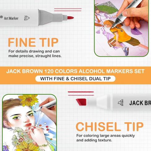 JACK BROWN 120 Colors Alcohol Markers Set with Fine & Chisel Dual Tip - Professional Art Markers for Adults & Kids, Perfect for Drawing, Sketching, Coloring & Animation - Includes Durable Marker Case in Kuwait