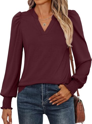 ANRABESS Women's Puff Long Sleeve Shirts V Neck Loose T-Shirts Dressy Casual Work Blouses 2024 Fall Tops Trendy Clothes in Saudi Arabia