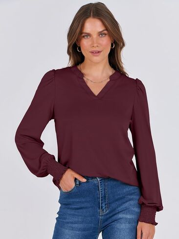 ANRABESS Women's Puff Long Sleeve Shirts V Neck Loose T-Shirts Dressy Casual Work Blouses 2024 Fall Tops Trendy Clothes in Saudi Arabia