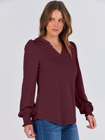 ANRABESS Women's Puff Long Sleeve Shirts V Neck Loose T-Shirts Dressy Casual Work Blouses 2024 Fall Tops Trendy Clothes in Saudi Arabia