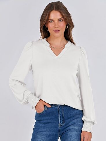 ANRABESS Women's Puff Long Sleeve Shirts V Neck Loose T-Shirts Dressy Casual Work Blouses 2024 Fall Tops Trendy Clothes in Saudi Arabia