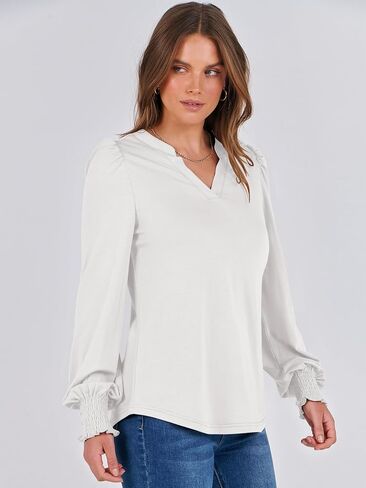ANRABESS Women's Puff Long Sleeve Shirts V Neck Loose T-Shirts Dressy Casual Work Blouses 2024 Fall Tops Trendy Clothes in Saudi Arabia