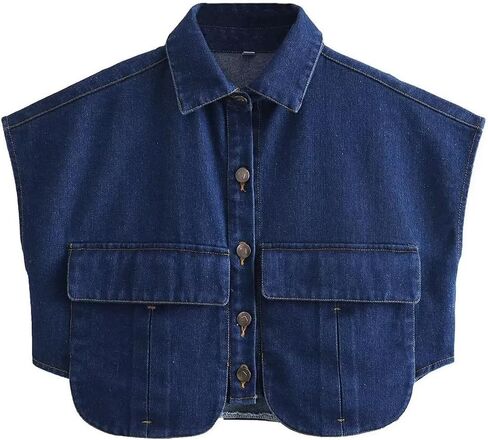 قميص Perbai نسائي قصير بأزرار سفلية صيفي بياقة وبدون أكمام من قماش الدنيم فضفاض مع جيوب in Kuwait