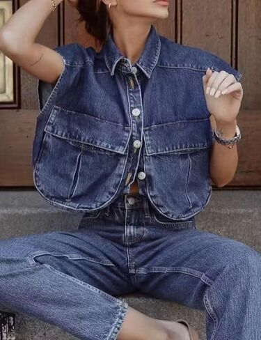 قميص Perbai نسائي قصير بأزرار سفلية صيفي بياقة وبدون أكمام من قماش الدنيم فضفاض مع جيوب in Kuwait