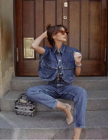 قميص Perbai نسائي قصير بأزرار سفلية صيفي بياقة وبدون أكمام من قماش الدنيم فضفاض مع جيوب in Kuwait