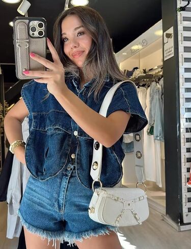 قميص Perbai نسائي قصير بأزرار سفلية صيفي بياقة وبدون أكمام من قماش الدنيم فضفاض مع جيوب in Kuwait