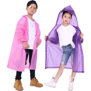 Kids Rain Jacket, 2 Pack Rain Ponchos for Kids with Hood and Sleeves Reusable Raincoats for Boys and Girls
