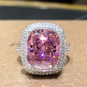 925 Sterling Silver Shiny Full Diamond Ring Square Pink Cubic Zirconia Anniversary Promise Cocktail Ring Multi Row CZ Diamond Eternity Engagement Wedding Band Ring for Women