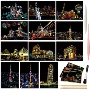 Magic Scratch Art Paper(7.9"x5.5") Rainbow Landscape Engraving Art Mini Scratchboard DIY Pads for Adults and Kids, Crafts Set: 12 Sheets Scratch Postcard Cards & Drawing Pens, Brush (Building Series)