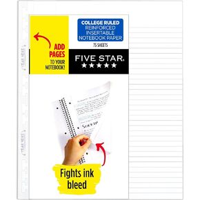 Five Star Insertable Loose Leaf Paper, 3 Pack, Notebook Paper, College Ruled Filler Paper to Add Pages, Reinforced, 8-1/2" x 11", 75 Sheets per Pack (52168)