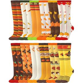 Patelai 12 Pairs Fall Knee High Socks for Kids Funny Thanksgiving Turkey Socks Pumpkin Socks Bulk for Holiday Children Boy Girl Aged 4-8