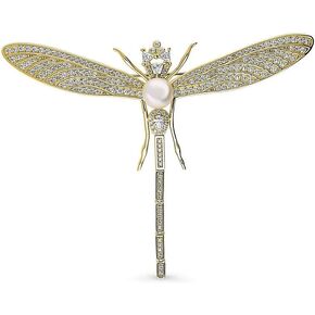 BERRICLE Sterling Silver Dragonfly Button Freshwater Cultured Pearl Fashion Brooch Pin for Women (Yellow Gold Flashed, Rhodium Plated)
